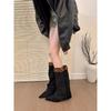 Hot Girl Oni! Trendy Leopard Print Pointed Toe Wedge Trouser Boots Women's Autumn Detachable Belt Buckle Mid-leg Boots
