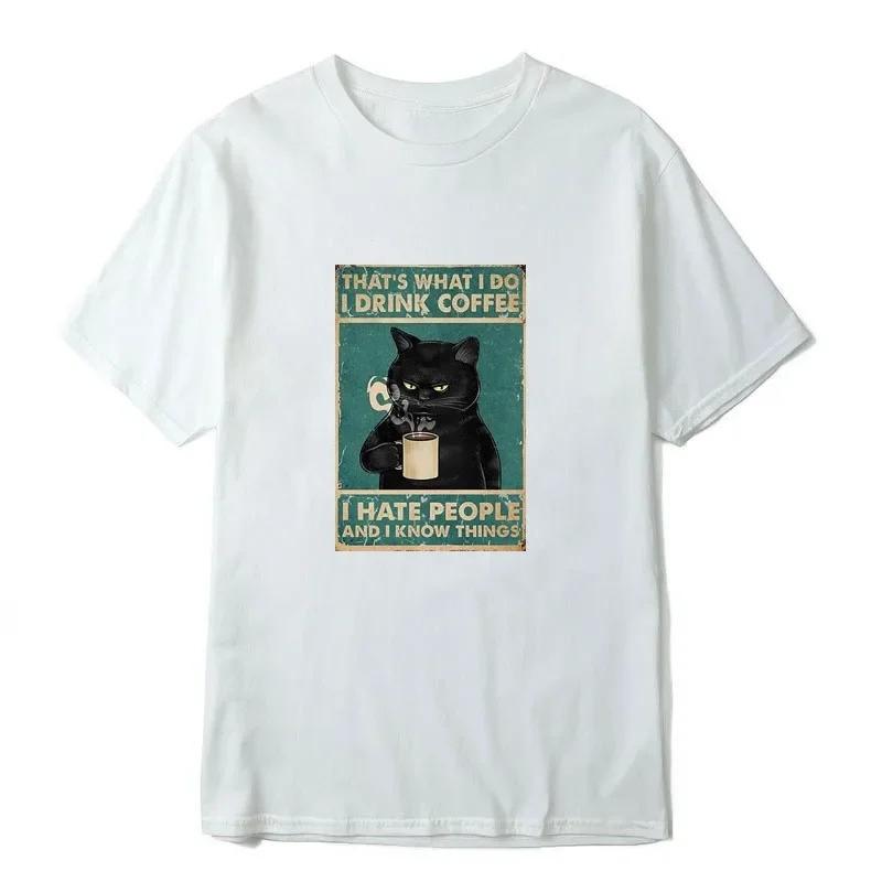 Women Tshirt Funny Cat Drinking Coffee Printing Summer Casual Cool Loose Women Oneck Tshirt Women Tops Graphic T Shirts Y2K S