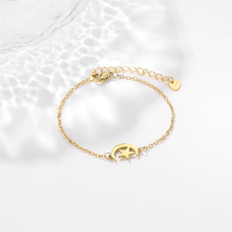 18K Gold Stainless Steel Crescent Moon Star Dainty Bracelet Adjustable Non-Tarnish Hypoallergenic Celestial Women