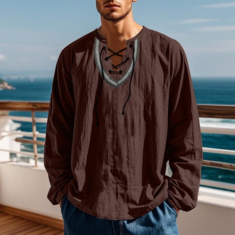 Spring and Autumn New Loose Pullover Retro Ethnic Style Casual Long-sleeved Shirt Cotton Linen Stand-up Collar Male