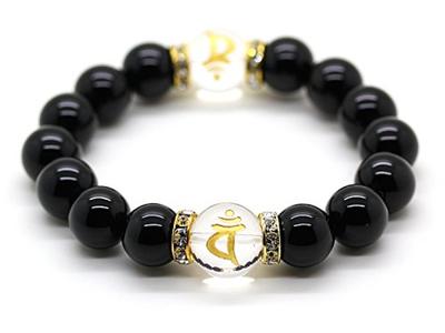 Gold Engraving Guardian Sanskrit Inscription Crystal 14mm Natural Stone Onyx 12mm Prayer Bead Bracelet Dainichi Nyorai Ban [No-brand Item]