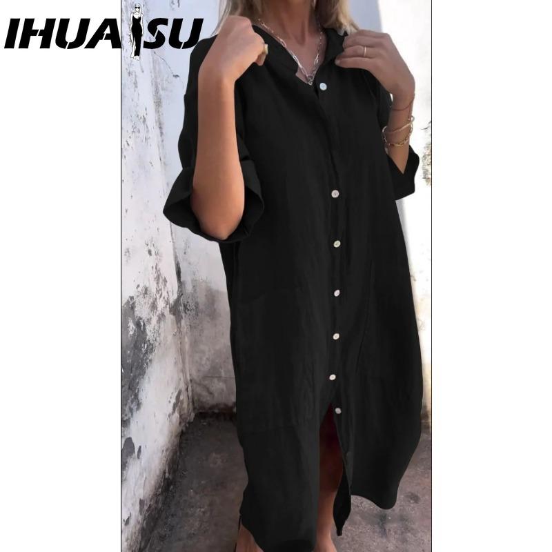 IHUASU Women's Fashion Summer Spring Solid Color Print POLO Neck High Waist Casual Dresses