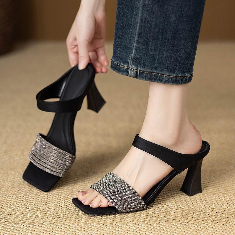 High-heeled Flip-flops, Square Toe, Single Thick Heel, Medium Heel, Sandals, Women's Shoes