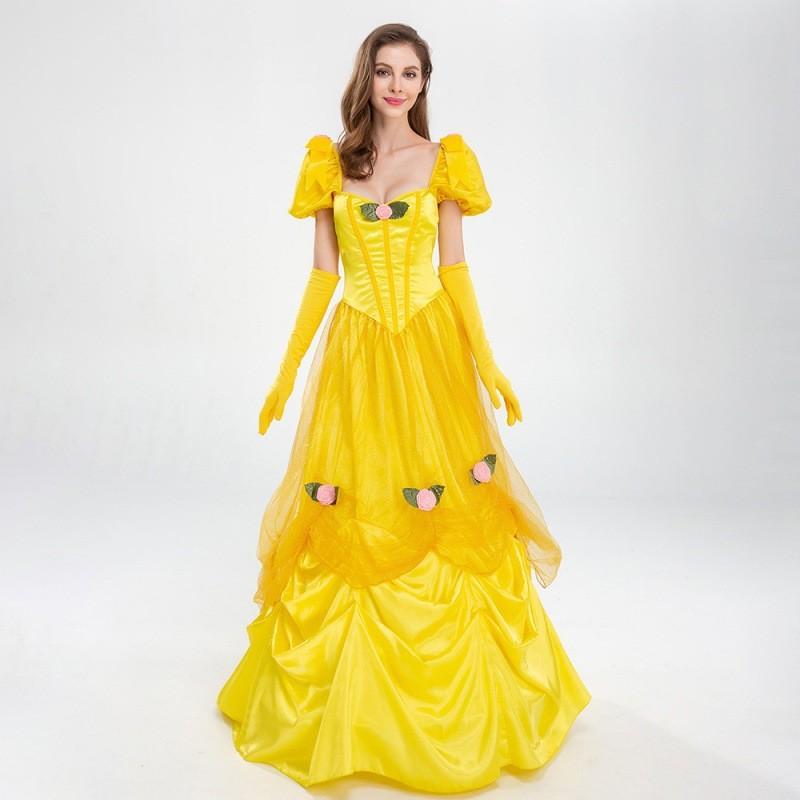 Elegant Yellow Princess Dress For Halloween Costume Featuring Belle Fairy Tale Design
