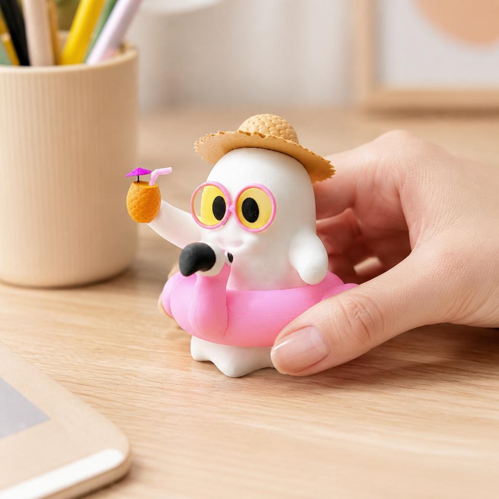 Mini Ghost Figurine Halloween Decoration with Flamingo Float and Straw Hat Seasonal Tabletop Ornament for Indoor Outdoor Display