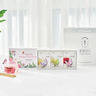 Ein preiswertes 3-teiliges Geschenkset mit Blütentee und Schmetterlingsteebeuteln (Gujeolcho, Mandrami, Akazie)