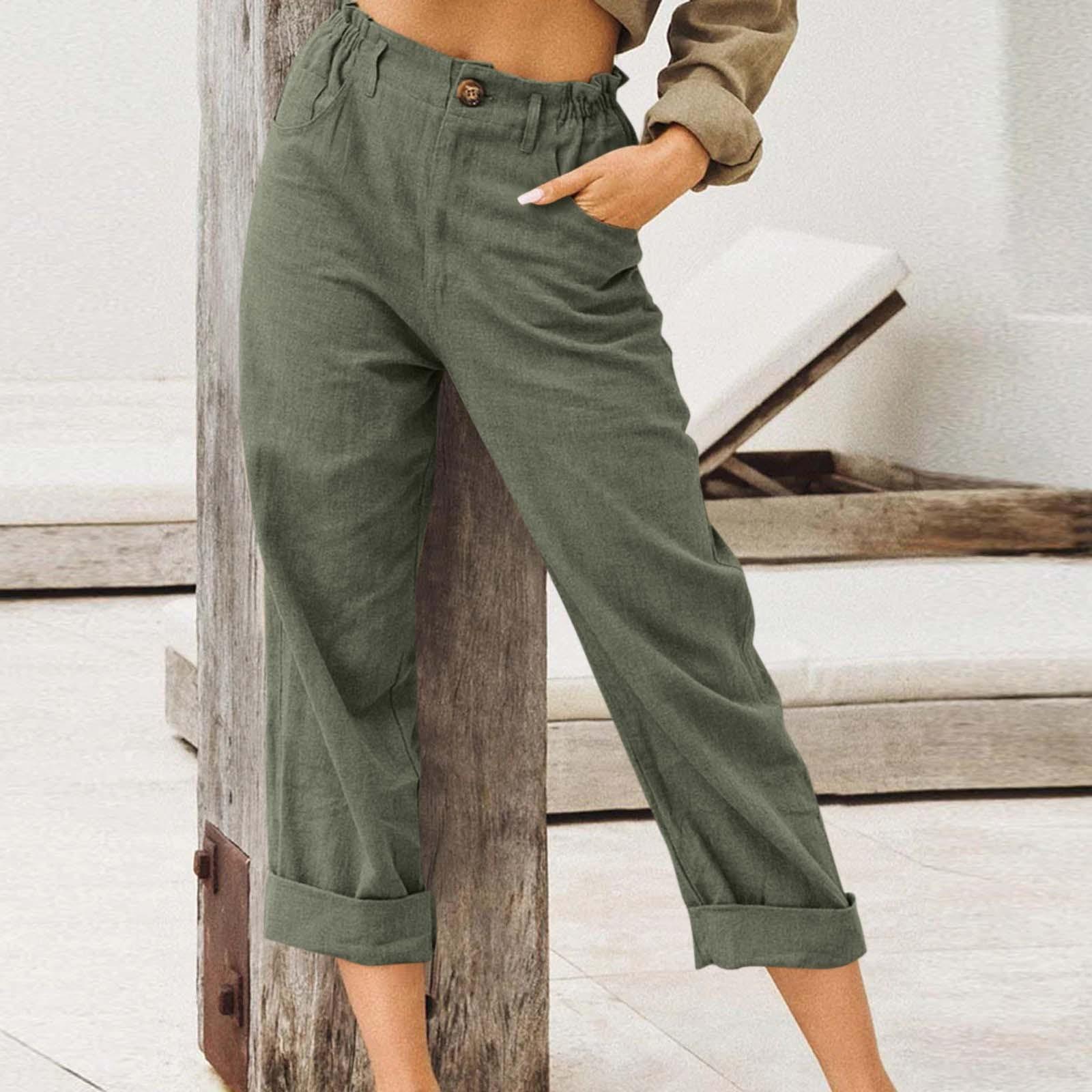 

Модные однотонные хлопковые льняные модные свободные повседневные брюки с высокой талией для женщин XXL армия зеленый