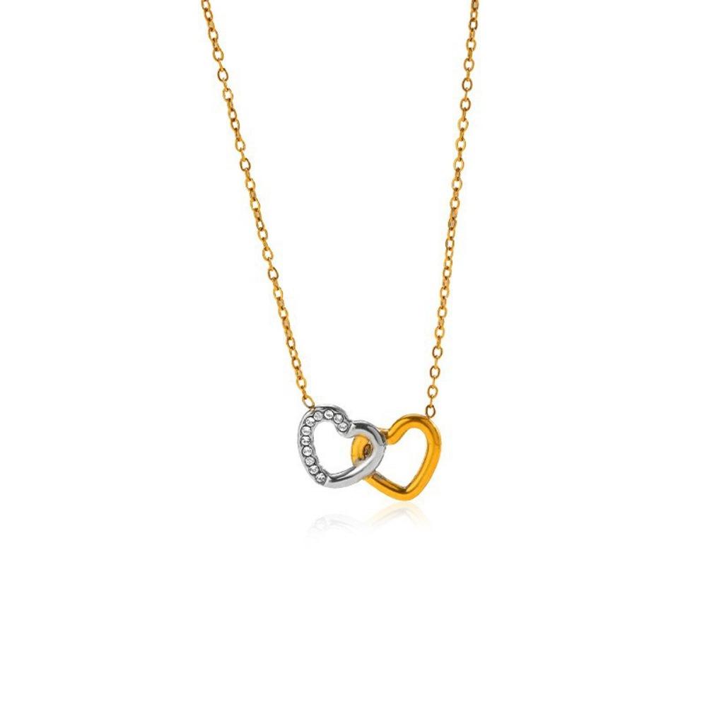 Luxury Two-Tone Interlocking Heart Pendant Necklace - Stainless Steel Gold & Silver Pave Zircon Double Heart Choker - Elegant Romantic
