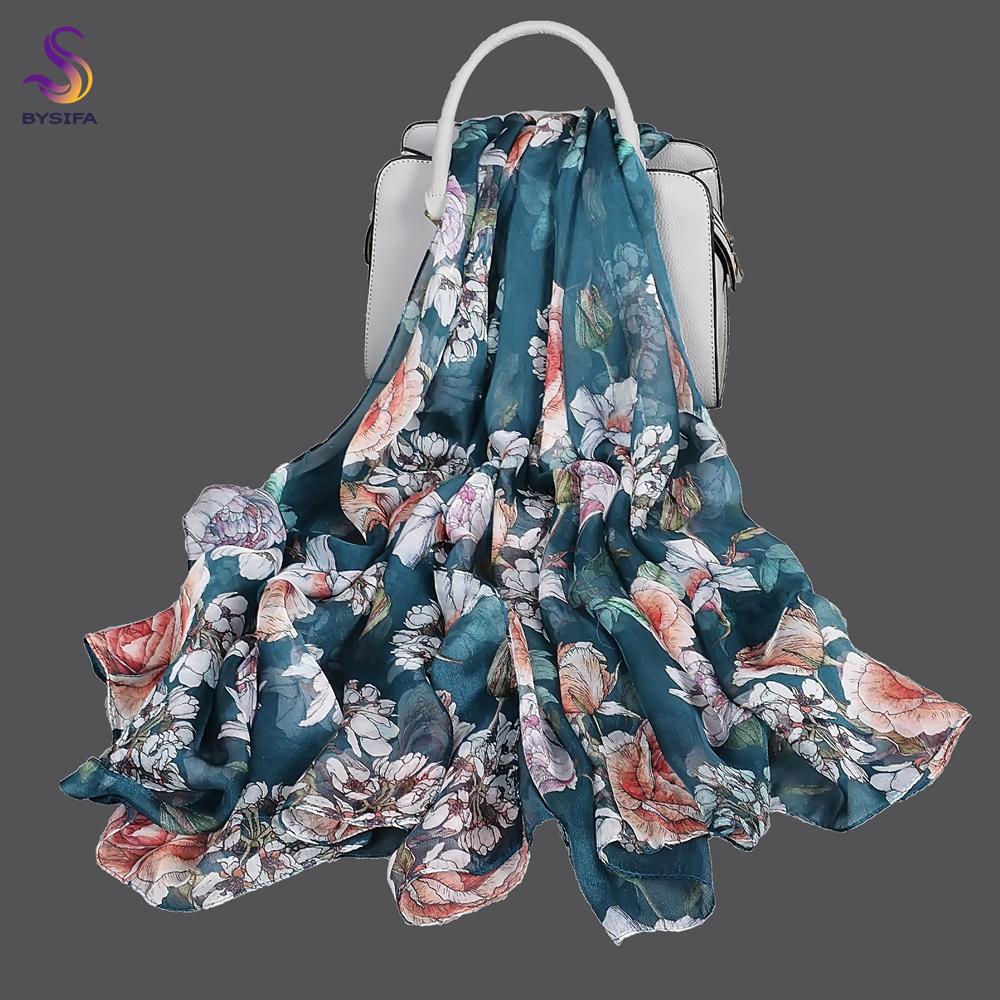 BYSIFA| Pink 100% Natural Silk Scarf Bufanda Women Elegant Chinese Style Peony Design Summer Long Scarves Beach Shawl Accessory