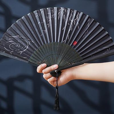 Éventail Pliant en Bambou Éventail Chinois en Soie Main Femmes Éventail Noir Été Danse Féminine Décoration de Maison Cadeau de Fête Ornement de Maison Éventail Noir