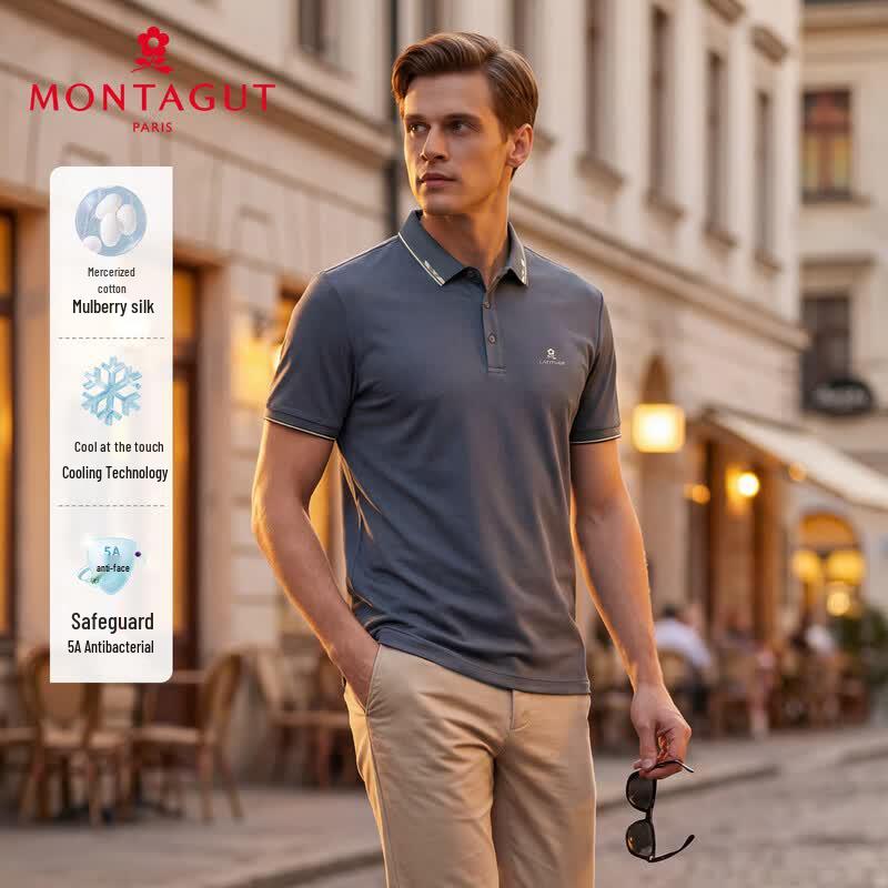 MONTAGUT Men's Silk Blend Business Embroidered Polo Shirt