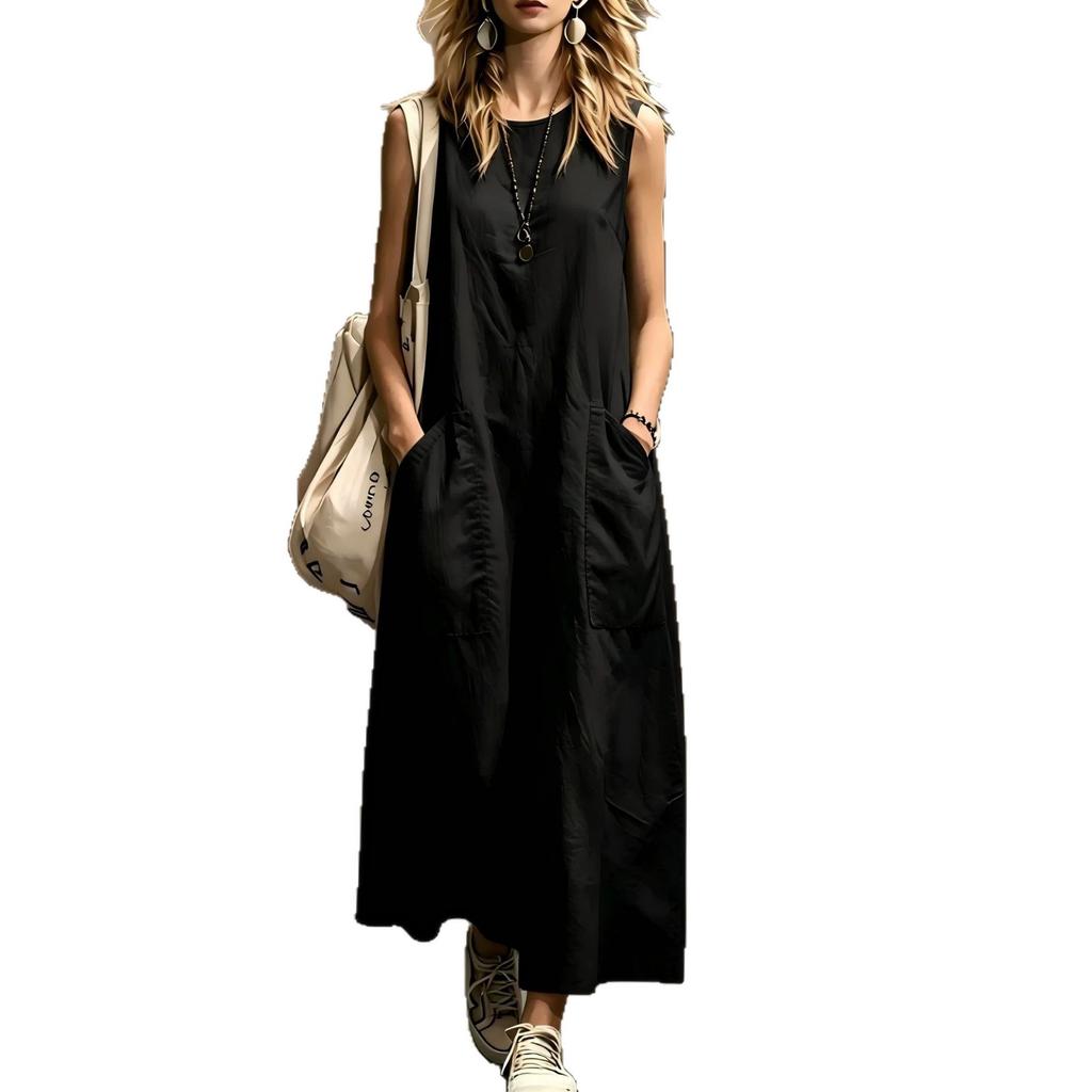 Women Sleeveless Maxi Dress Casual Loose Fit with Big Side Pockets Summer Dress