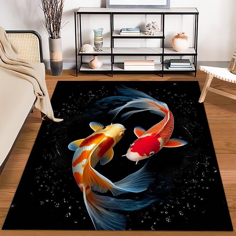 Koi Fish Pattern Carpet with Black Background, Modern Home Decor Rug Suitable for use as an anti-slip for living room bedroom sofas