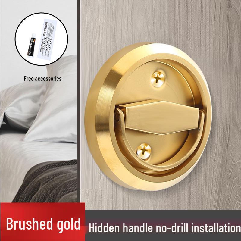 No-Drill Stainless Steel Hidden Door Pull Handle with Lock - Invisible Round Sliding Ring for TV Background Wall