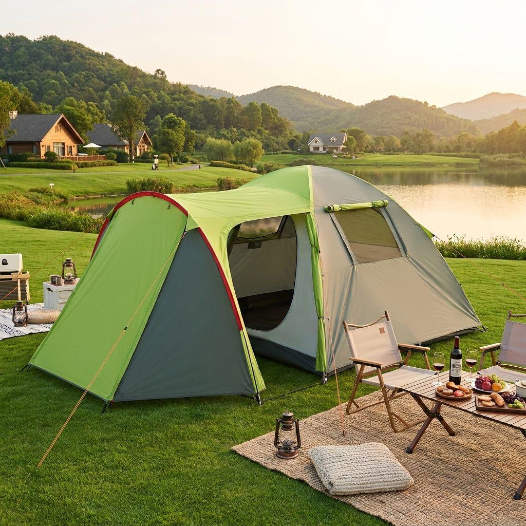2-3 Person Portable Double Layer Camping Tent with Tunnel, 1 Room & 1 Hall 2-3 Person зелёный