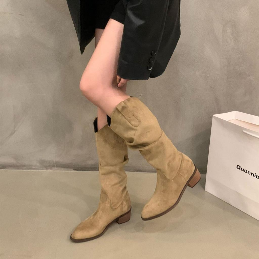 Vintage brown V-mouth stack medium tube boots women's shoes 2025 spring and autumn winter pointed western cowboy boots