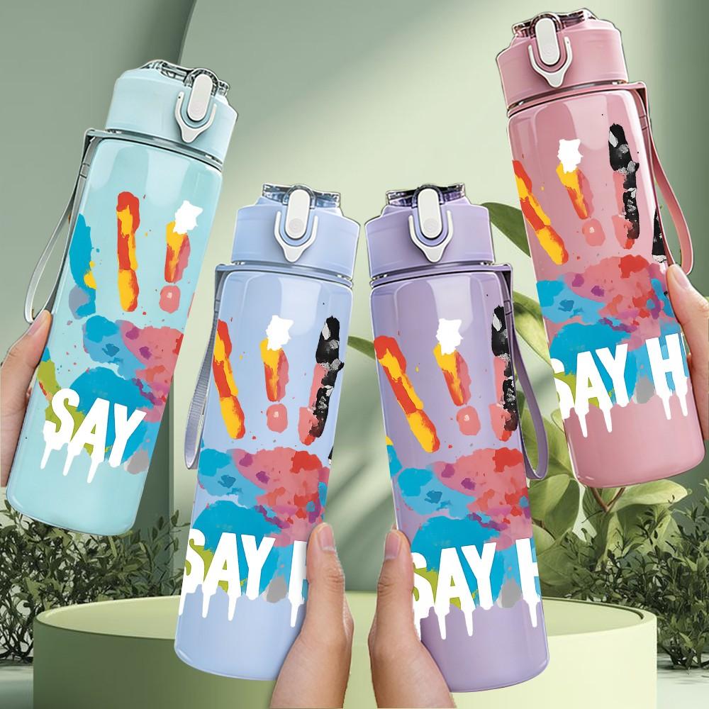 1PC Colorful Handprint Pattern 750ml Color Plastic Sports Water Bottle Leakproof Flip Straw Lid Suitable for Sports Office Home Use