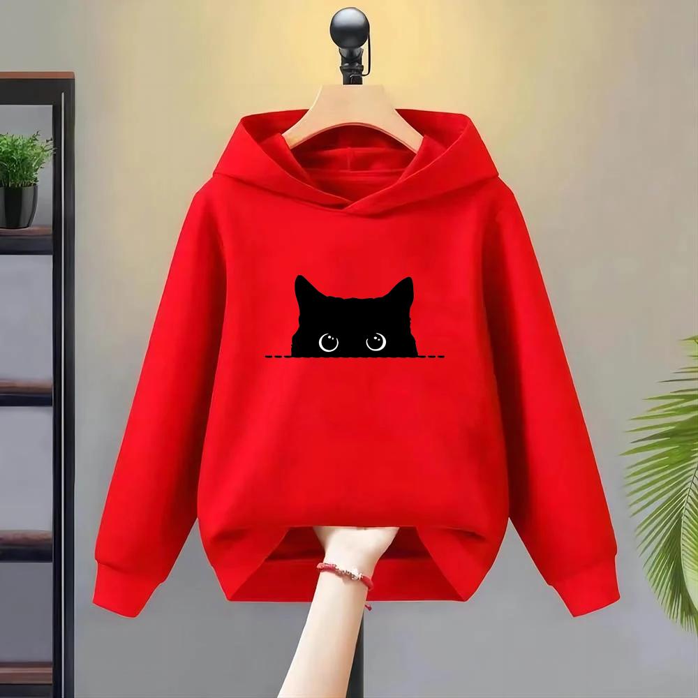 Kinder Kapuzenpullover Herbst Jacke Mädchen rosa Oberteile Hoodies Kind 3-12 Jahre Kleinkind Sweatshirt schwarze Katze Druck Freizeitkleidung