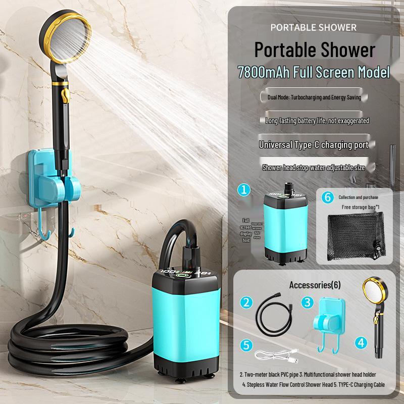 Electric Camping Shower Set with Rechargeable Pump and Water Bag.