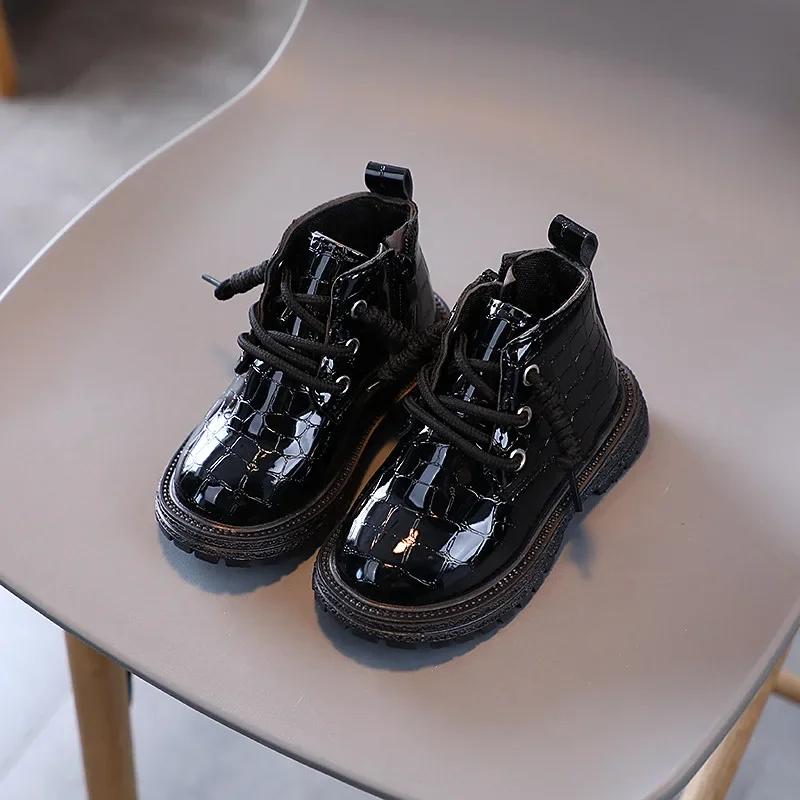 

Children Lace-up Booties Girls Crocodile Solid Color Round Toe Boots Women Non-slip Soft Sole and Platform Comfortable Kid Shoes 30 чорний