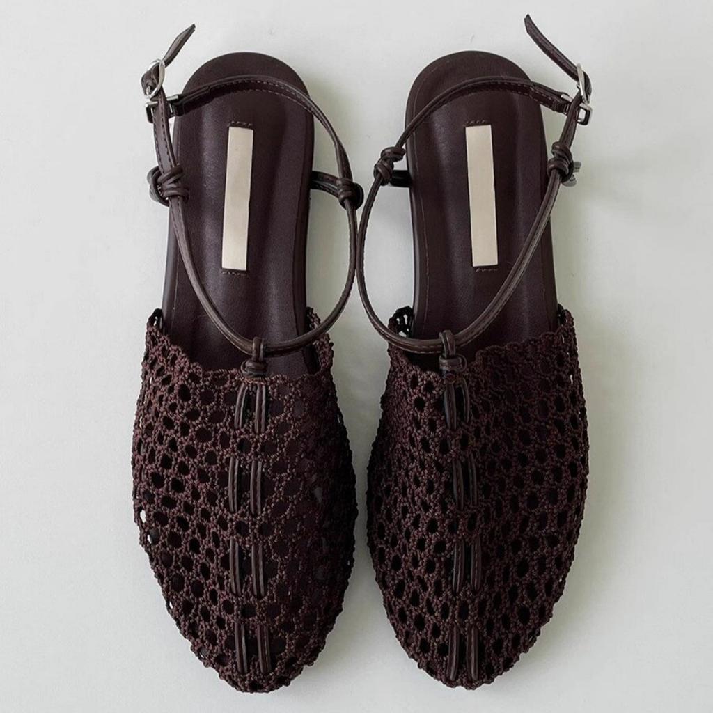 Sheepskin Version~ Niche Retro Woven Roman Shoes One-word Buckle Flat Bottom Fishing Net Bag Head Sandals Women Wear Half Slippers