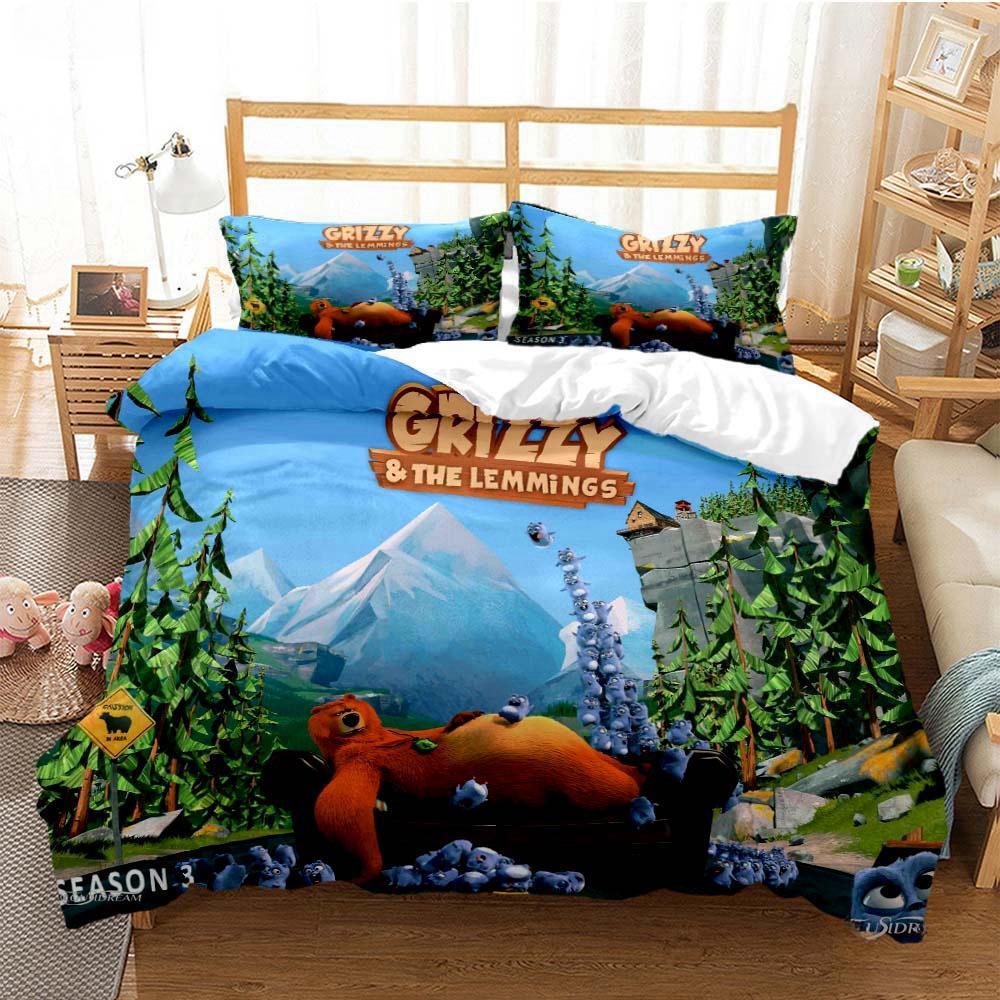 Grizzly & The Lemmings Cartoon Anime Husă de plapumă Set de lenjerie de pat cuvertură moale Husă de pilota și fețe de pernă Single/dublu/Queen/King