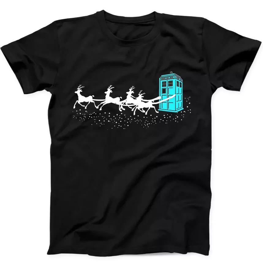 The Doctor Who Christmas Police Phone Box Flying Deer Gift Tee Black T Shirt 286