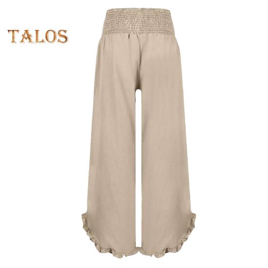 Pantaloni Casual pentru Femei, Plisați, Elastici, cu Talie Înaltă, cu Picior Larg, Pantaloni Lungi cu Buzunare, Manșete cu Volane, Croială Lejeră, Pantaloni de Timp Liber