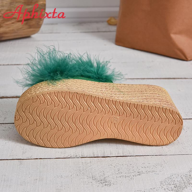 Fashion Aphixta Furry Green Wedge Platform Slides Women's Shoes 9cm Slippers Flip Flops Heels Shoes Beach Sandals Plus Size 43