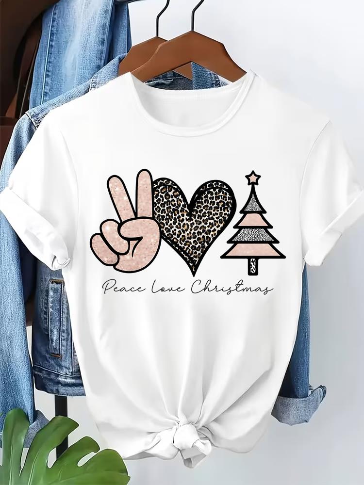 (Asian Size) watercolor cute Short Sleeve T-shirts Merry Christmas Women's Top O-neck T Shirt Print  Fashion Casual New Year Clothing Graphic Tee