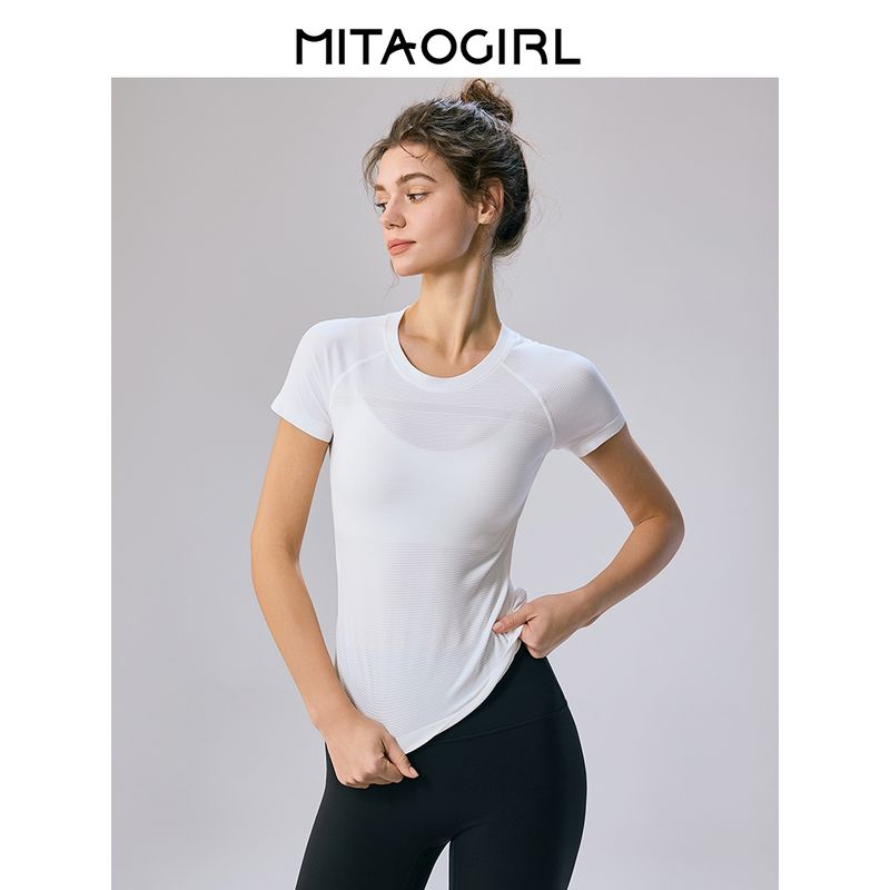 Mitaogirl Kendall Sports Tops Women's Breathable Quick-Drying Workout Clothes Running Fitness Yoga Shoulder White T-shirt