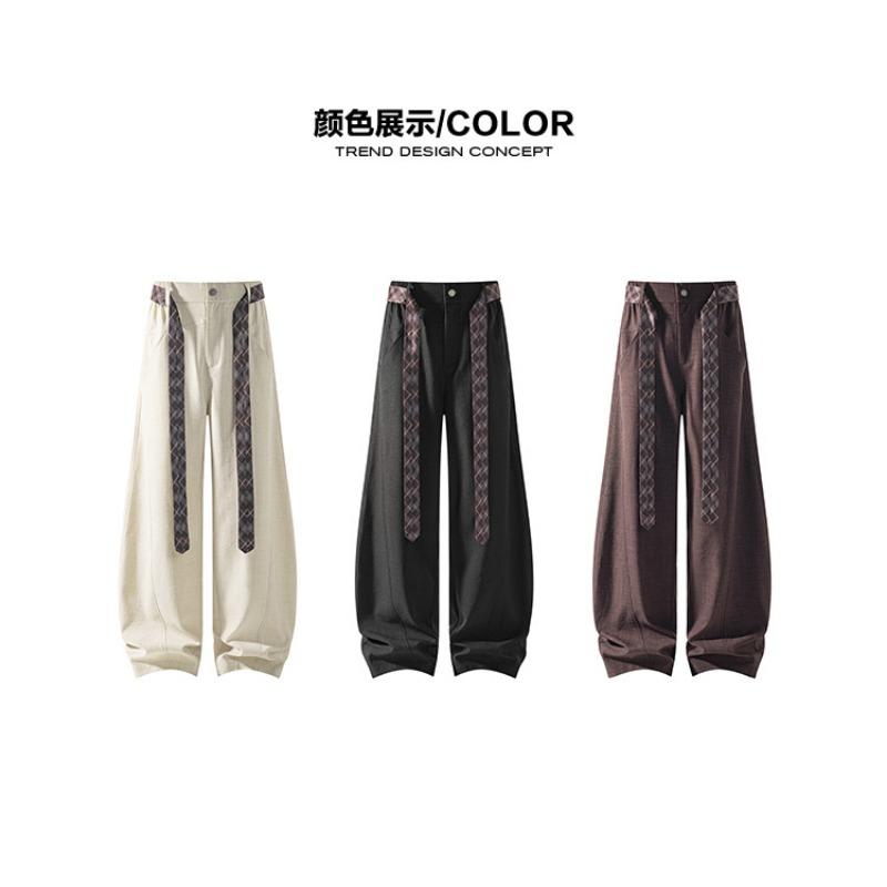 Vintage Contrast Color Plaid Belt Curved Wide Leg Loose Casual Pants For Men