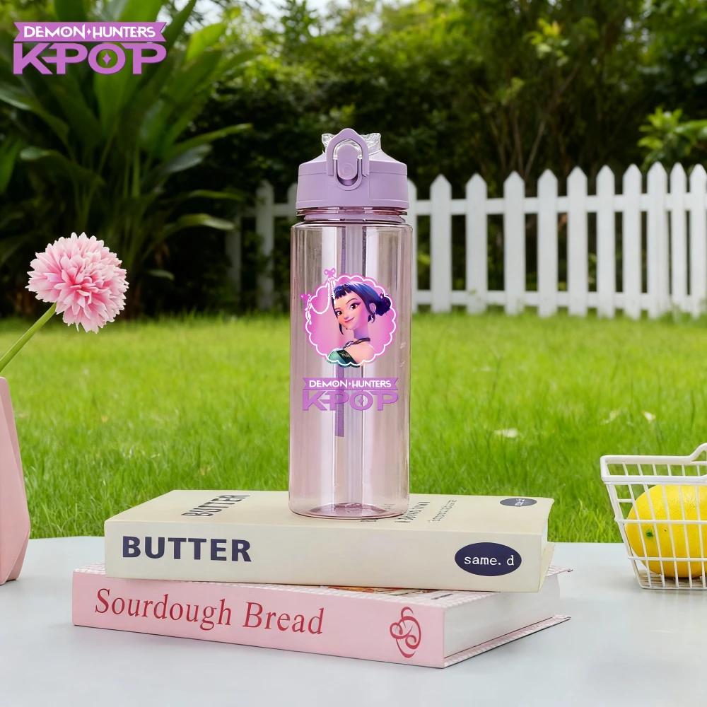 Cute Anime Cartoon Demon Hunters Color Block Plastic Water Bottle Straw Leak-Proof Lightweight Eco-Friendly Cup KPOP with Kid Friendly Entertaining