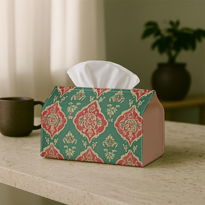 1pc Classic Damask European Tissue Box Holder - Ornamental Pattern Green Red, Perfect for Living Room, Dining Room, Bedroom, Bathroom, Bar, or Office