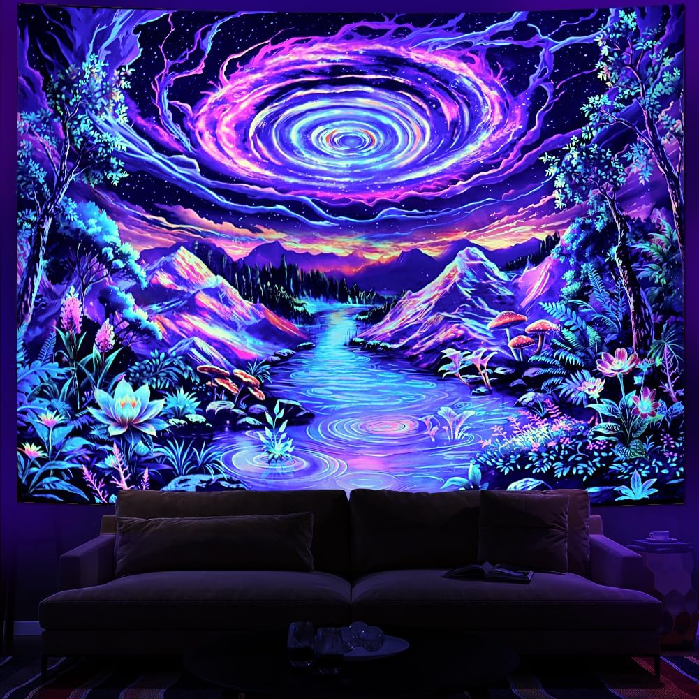 Leofanger Blacklight Galaxy Space Tapestry Colorful Starry Sky Tapestry UV Reactive Neon Plant Floral Wall Tapestries Trippy Mountain Tapestries Wall