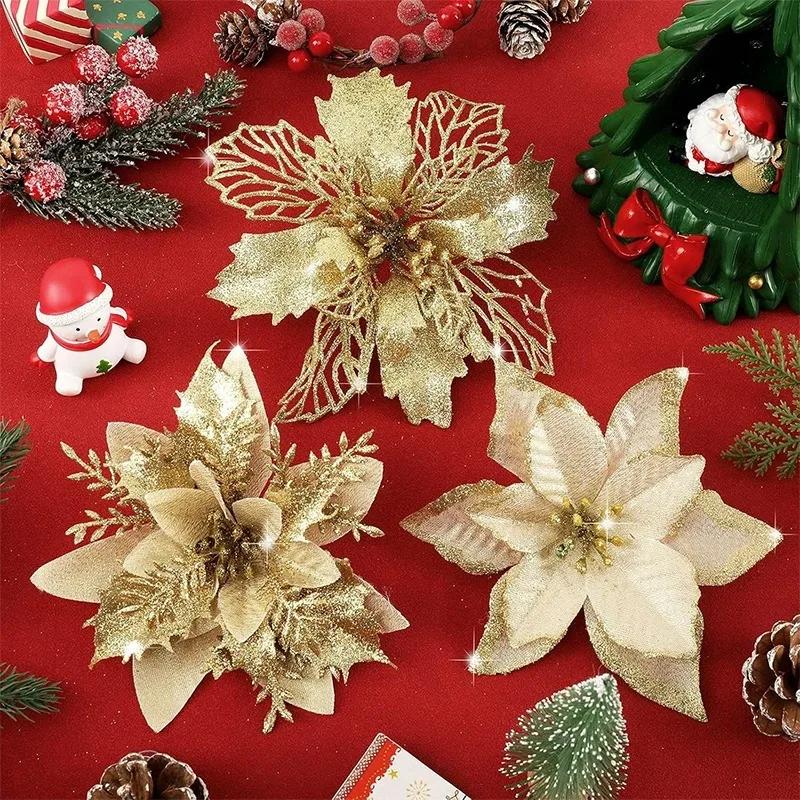 Christmas Tree Decorations Flowers Ornaments Red Glitter Artifical Flowers Xmas Tree Xmas Decoration Home