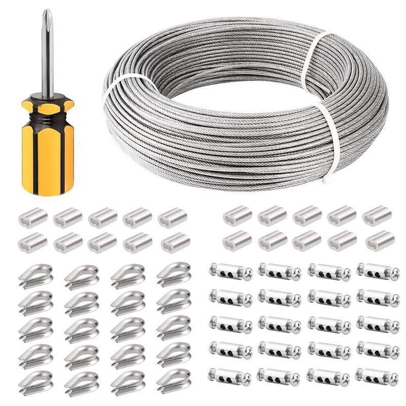 Kit de Câble d'Acier Inoxydable Revêtu, 2 mm - Câble de Tension pour Clôture de Jardin Extérieure et Rideaux avec Ajusteur à Vis