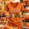 Women's Thanksgiving Print Short Sleeve V-Neck Casual Pullover Top for Fall Holiday