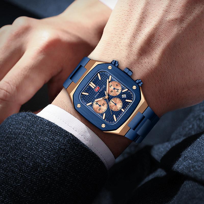 Top luxus s krabičkou MINI FOCUS Hodinky Čtvercové pánské hodinky Vodotěsné námořní hodinky Multifunkční pánské Quartz hodinky s ocelovým páskem