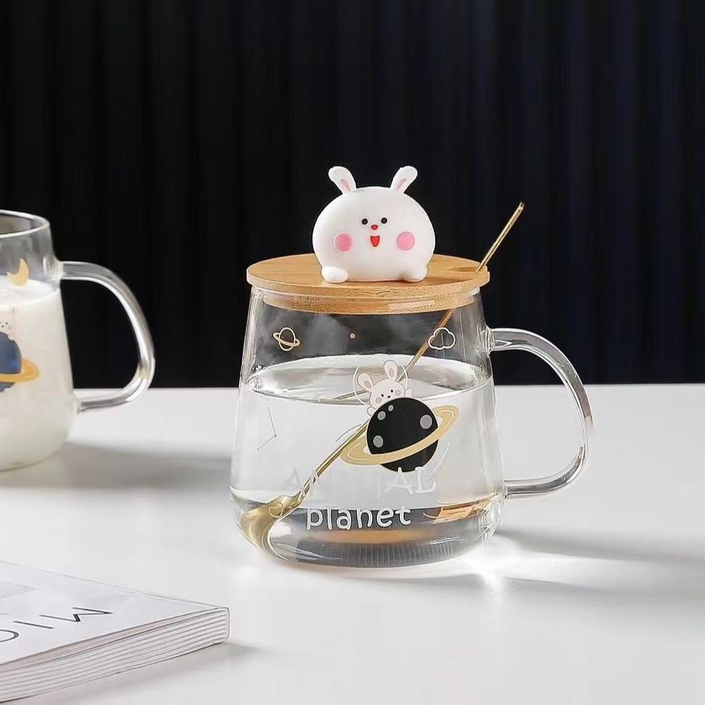 Hitzebeständige Glas-Milchtasse mit Griff Mikrowellenheizung Frühstückstasse mit Deckel Löffel für Haushalt Damen Flacher Boden Wasserbecher