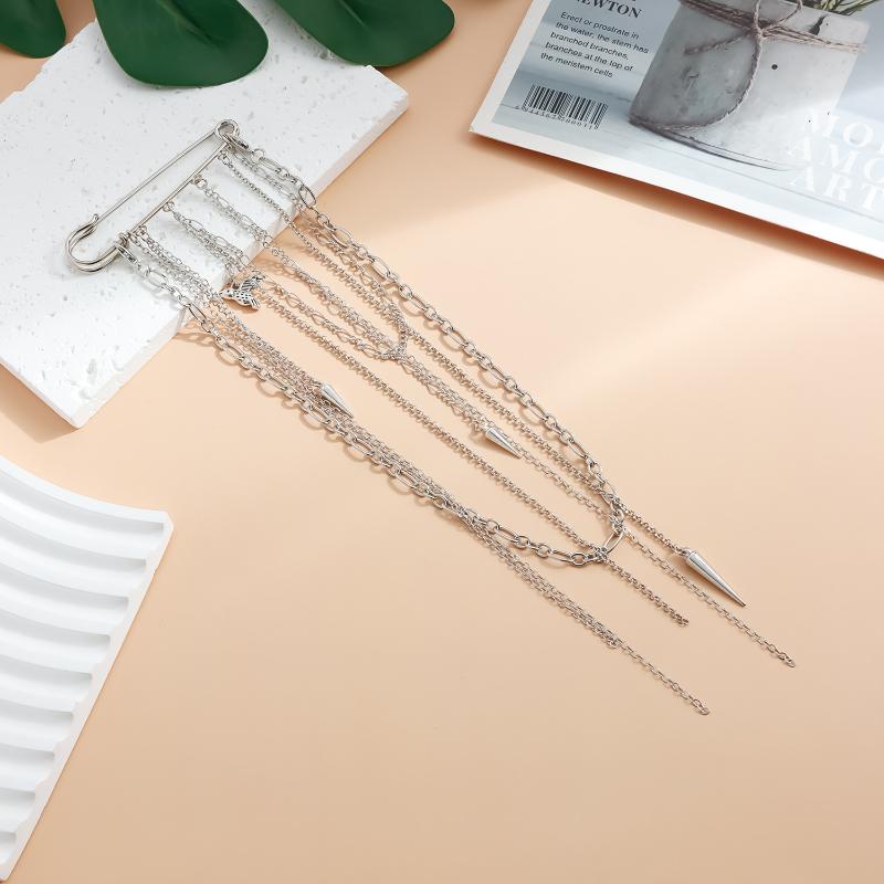 2-In-1 Gothic Safety Pin Necklace Brooch Punk Tassel Chain Brooch Statement Jewelry Gift
