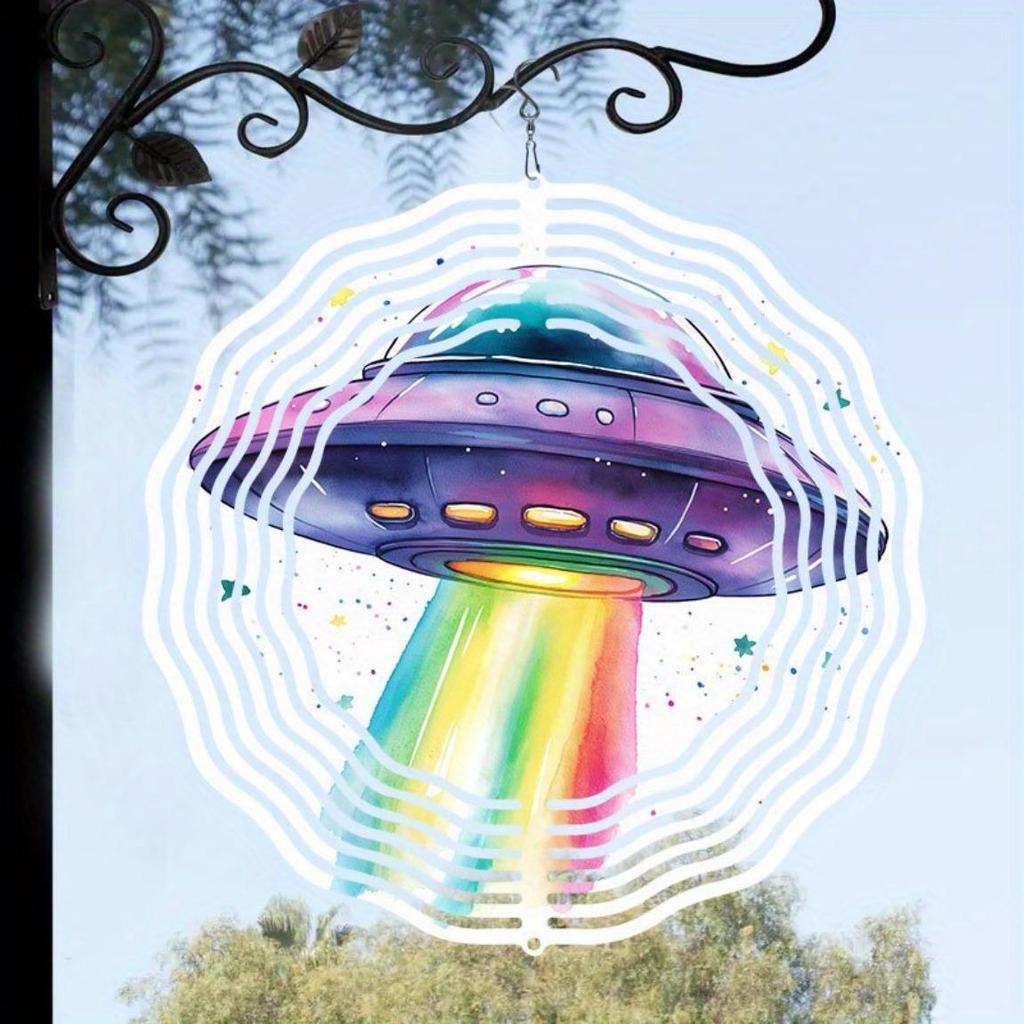 3D Kinetic Wind Spinner Alien UFO Design Metal Hanging Ornament for Outdoor Garden Yard Halloween Christmas Housewarming Decor