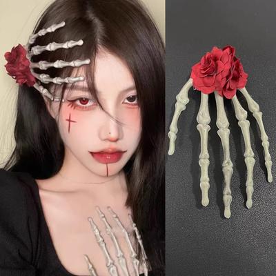 Skeleton Hand Hair Clip Gothic Barrette with Faux Roses Punk Style Hair Accessories for Halloween Themed Party Dress-up