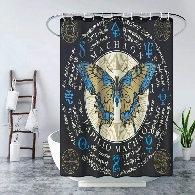 Gold Moth Moon Phase Shower Curtain Gothic Black Butterfly Moonlit Bath Curtain Psychedelic Tarot Bath Curtains Bathroom Sets