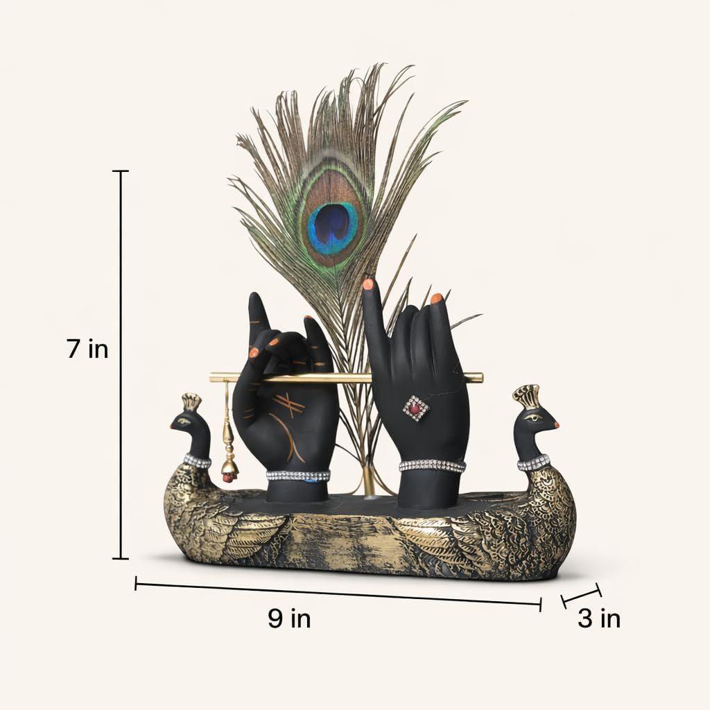 Krishna Hand with Flute & Peacock Feather Idol for Home Decor Gift, Office & Living Room, Peacock