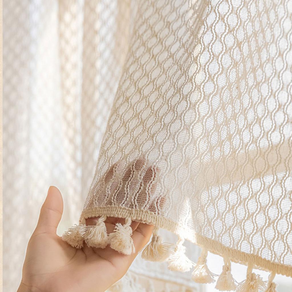 Boho Küchenvorhang Transparent Vintage Quasten Fenster Gaze Drapierung Stangentasche Transparent Stufenvorhang Volant für Wohnzimmer Heimdekor