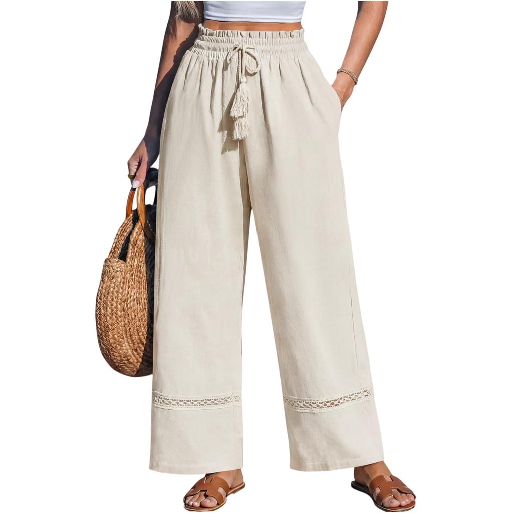 Women Loose Fit High Waist Wide Leg Casual Pants with Elastic Waistband and Decorative Drawstring for Everyday Wear