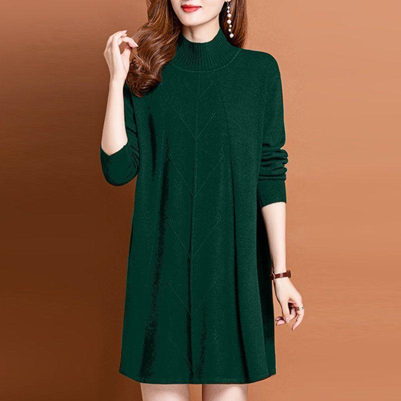 Mid-length Pullover Women's Solid-color Casual Knitted Sweater Dress Autumn and Winter Loose Large-sized Knitted Sweater