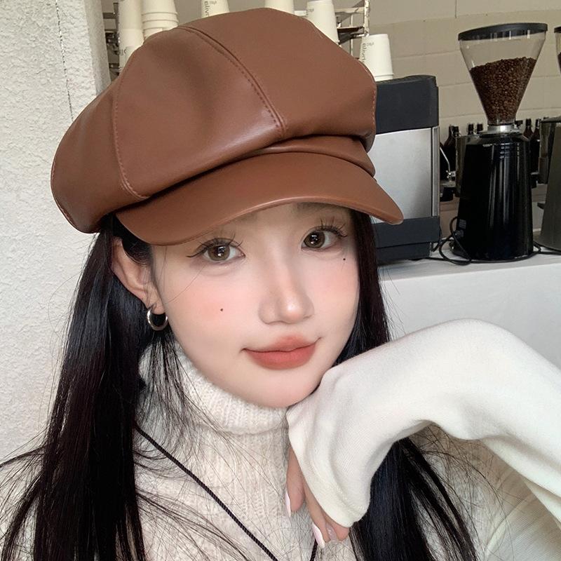 Winter Korean Style Student Cute Versatile Pu British Style Octagonal Hat Pumpkin Hat Korean Leather Beret Women