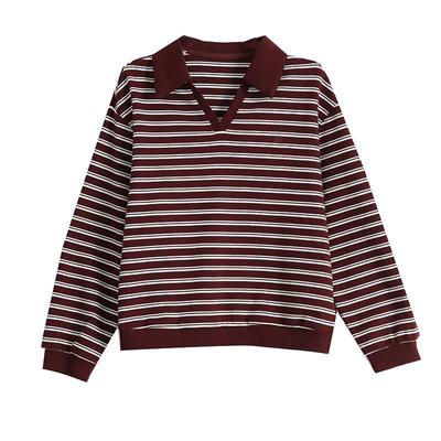 Women S Striped Spliced Lapel Casual Long Sleeve Sweatshirt
